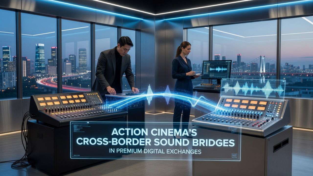Action cinema sound bridges visualized through digital exchange platforms showing layered audio tracks connecting global audiences