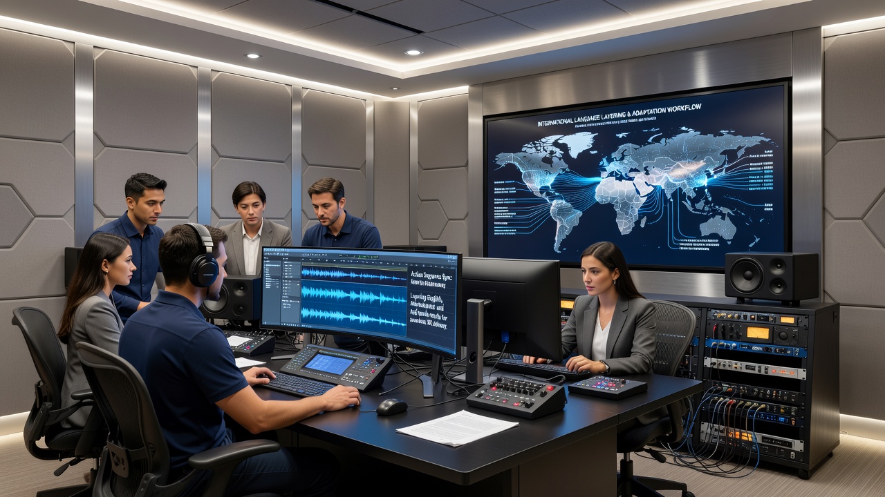 Studio engineers reviewing audio waveforms during language layering for a high-resolution action film