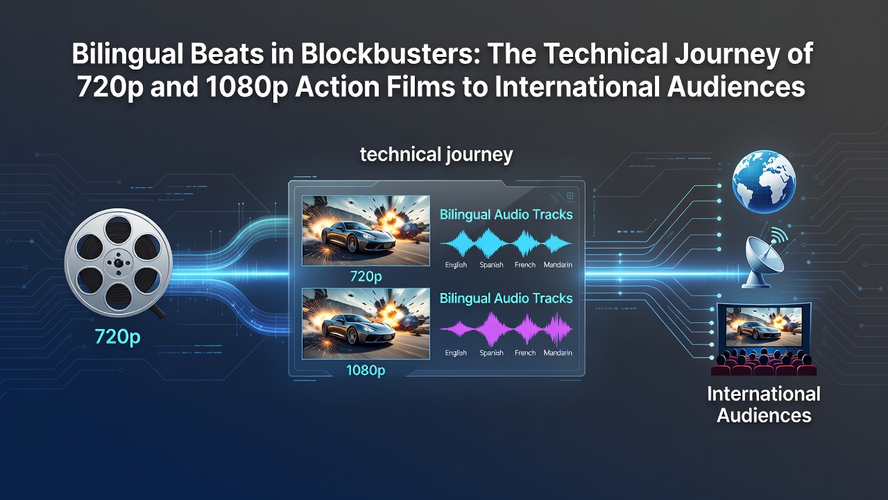 Technical workflow diagram showing resolution scaling and bilingual audio layering for action films