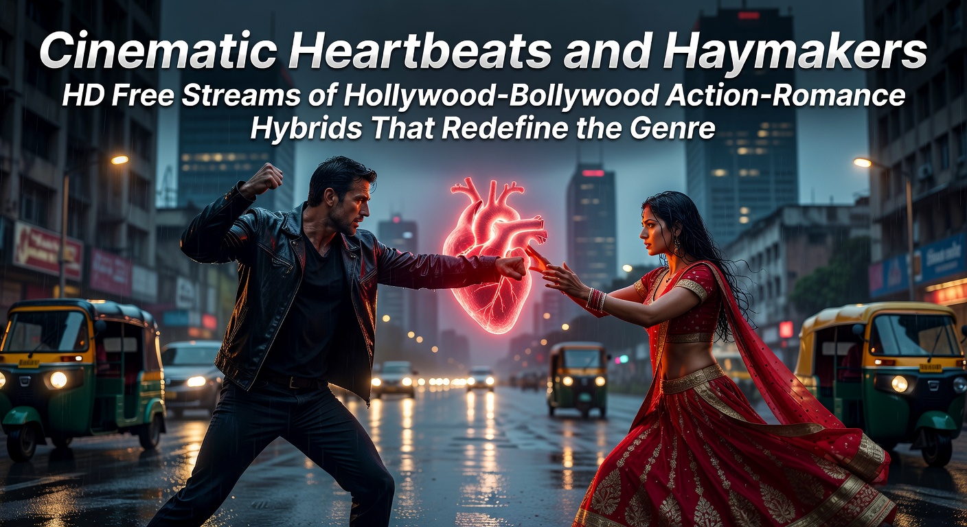 Dynamic poster featuring explosive action sequences intertwined with romantic embraces from a Hollywood-Bollywood hybrid film, showcasing high-octane chases and heartfelt moments in vivid HD detail