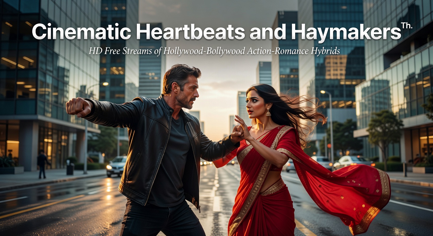 Screenshots from free streaming platforms displaying HD thumbnails of action-romance hybrid films, including explosive fight scenes and romantic close-ups available at no cost