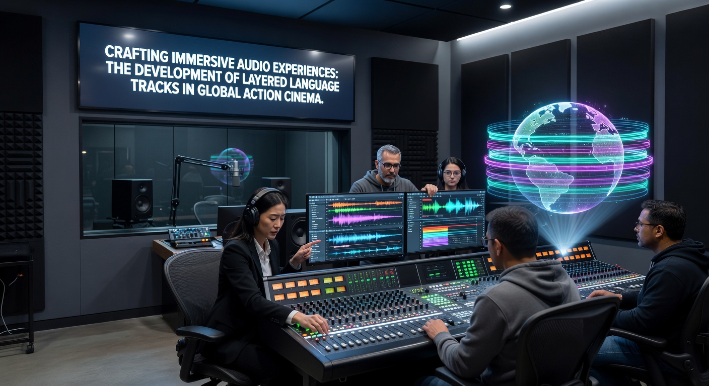 Mixing console displaying multiple language stem layers during an action film audio post-production session