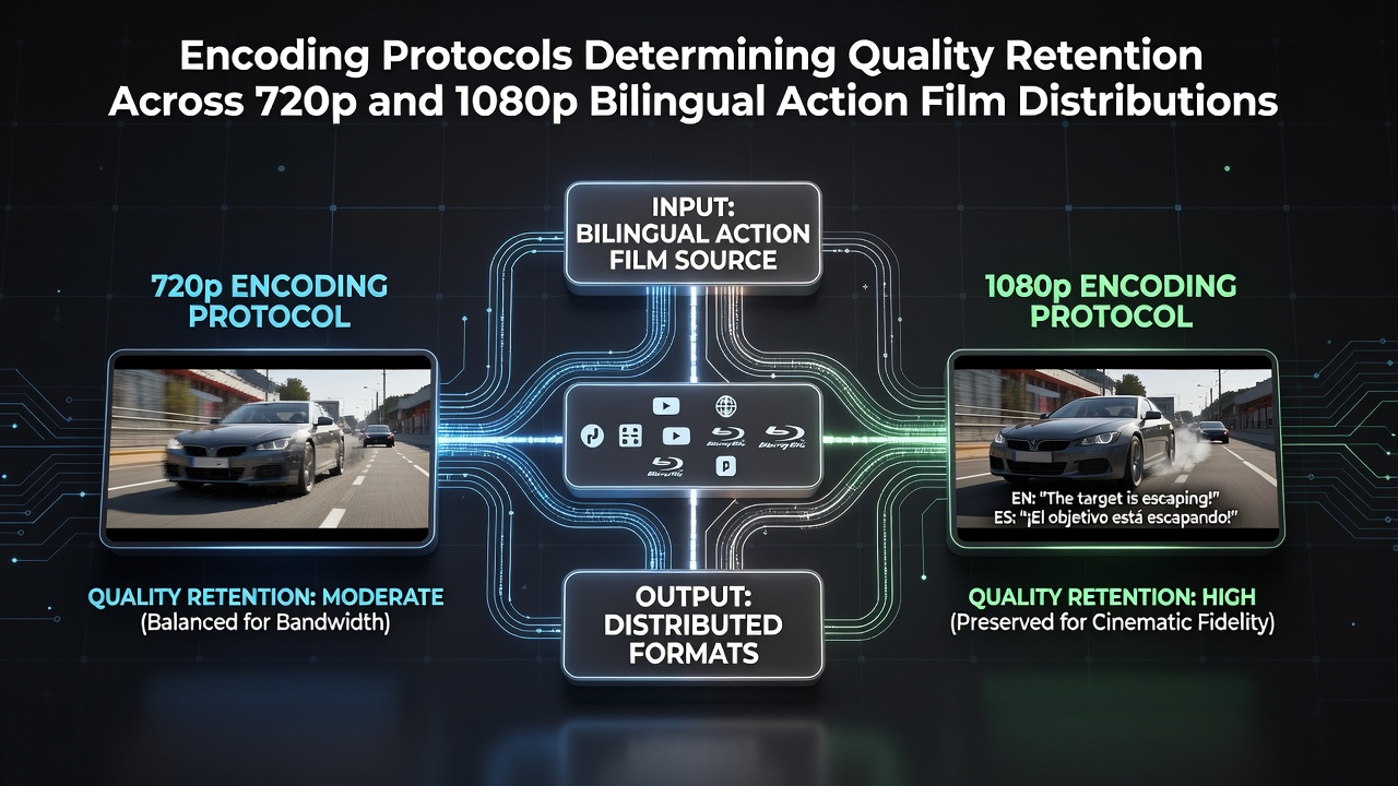 Comparison of encoding artifacts in 720p and 1080p action film frames with dual audio tracks