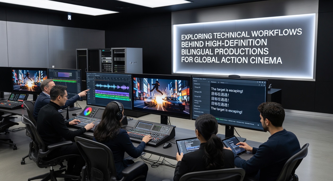 Color grading workstation displaying synchronized bilingual action sequence with waveform overlays