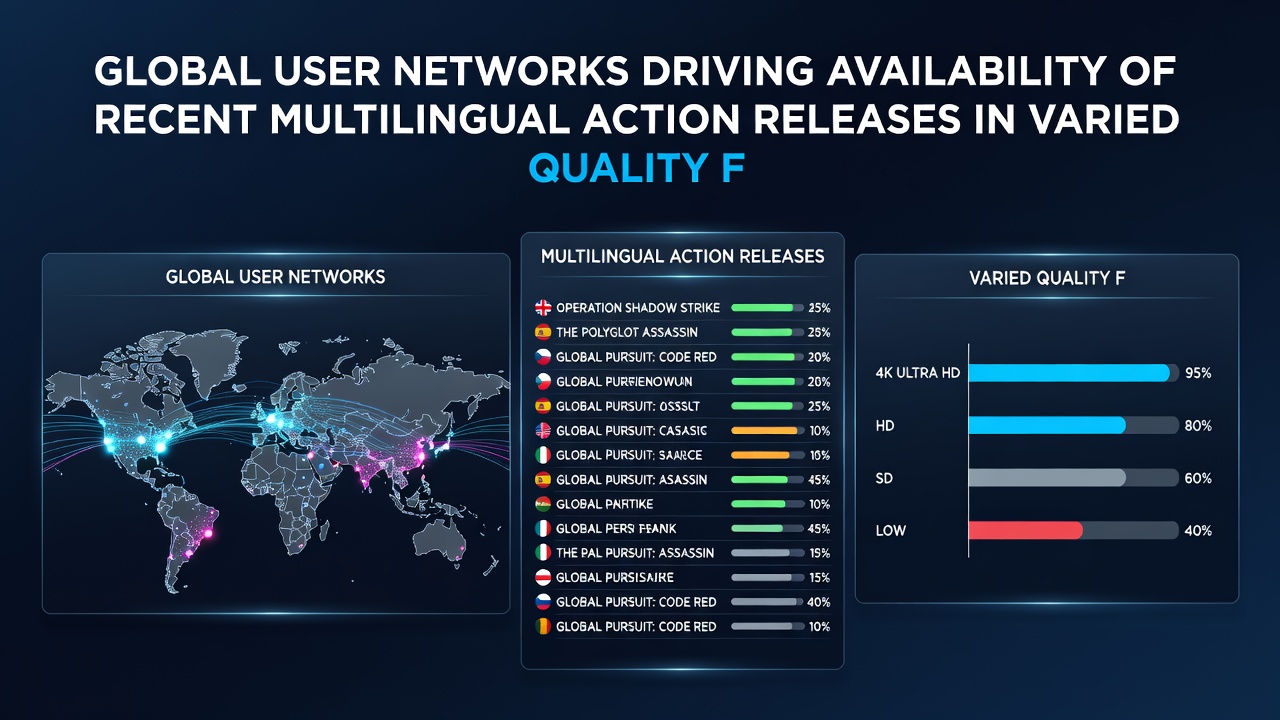 Diagram showing peer connections distributing action films in multiple resolutions and language tracks