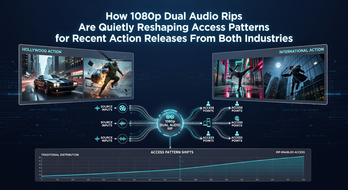 Viewers accessing 1080p dual audio action films on various devices in a modern setting