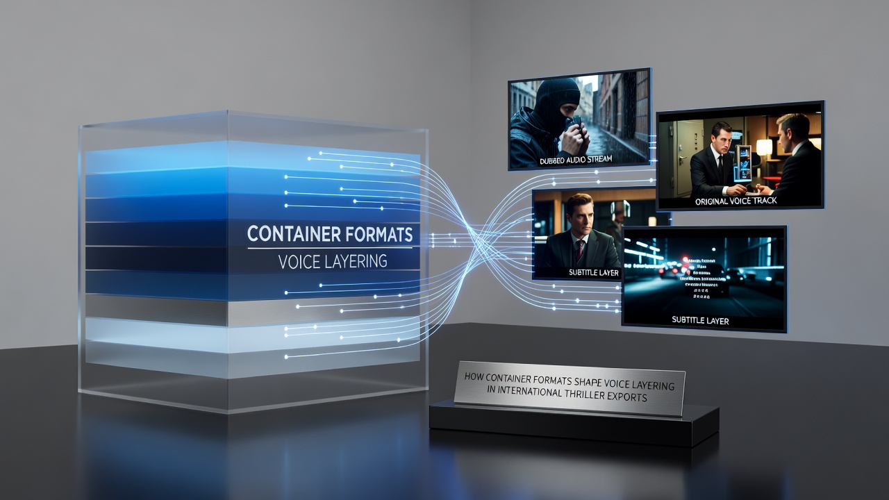 Workflow diagram of voice layering process within different container formats for thriller films