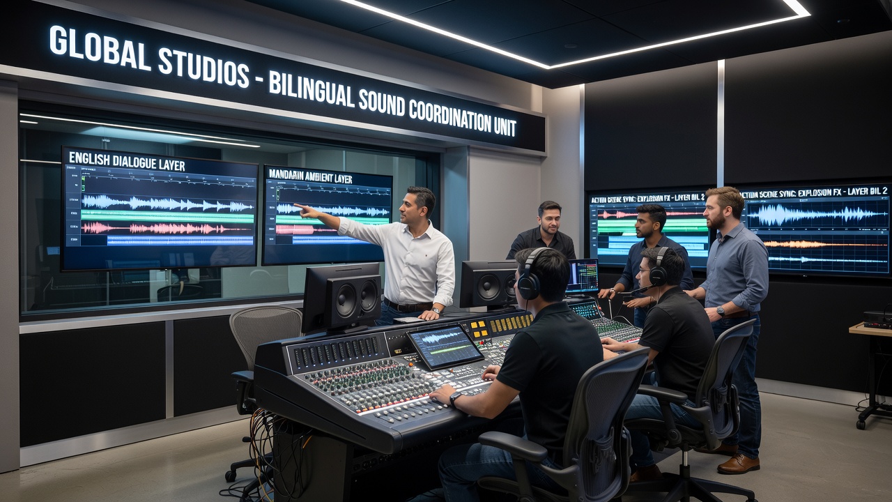 Audio mixing console displaying layered bilingual tracks for an action sequence