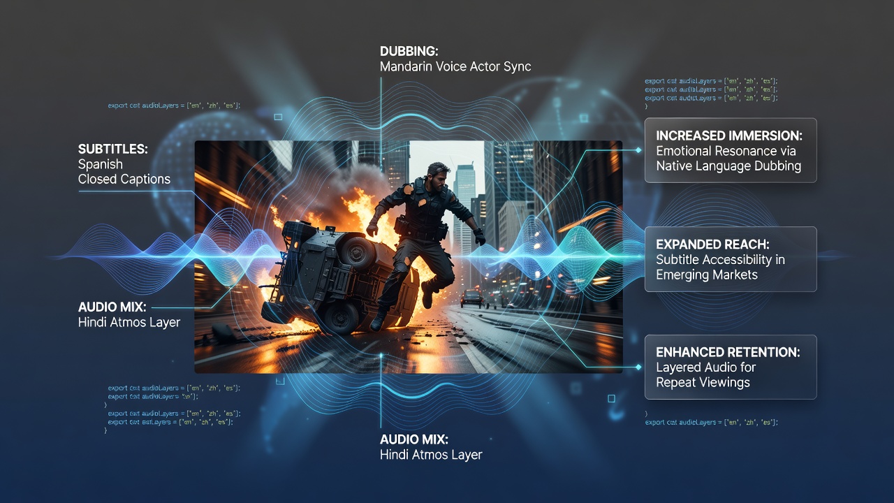 Viewer engagement data visualization for action films with multilingual audio options