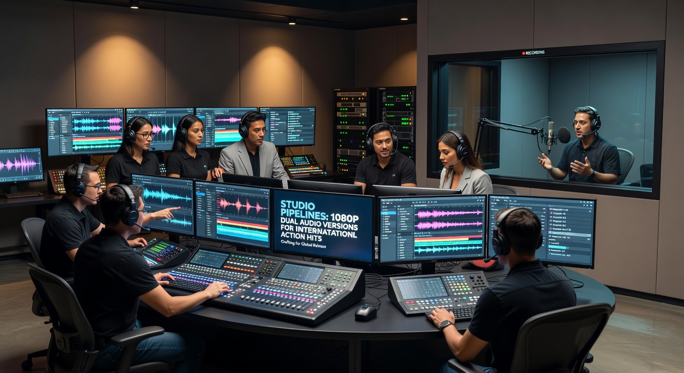 Studio technicians reviewing dual audio synchronization during post-production for an action film