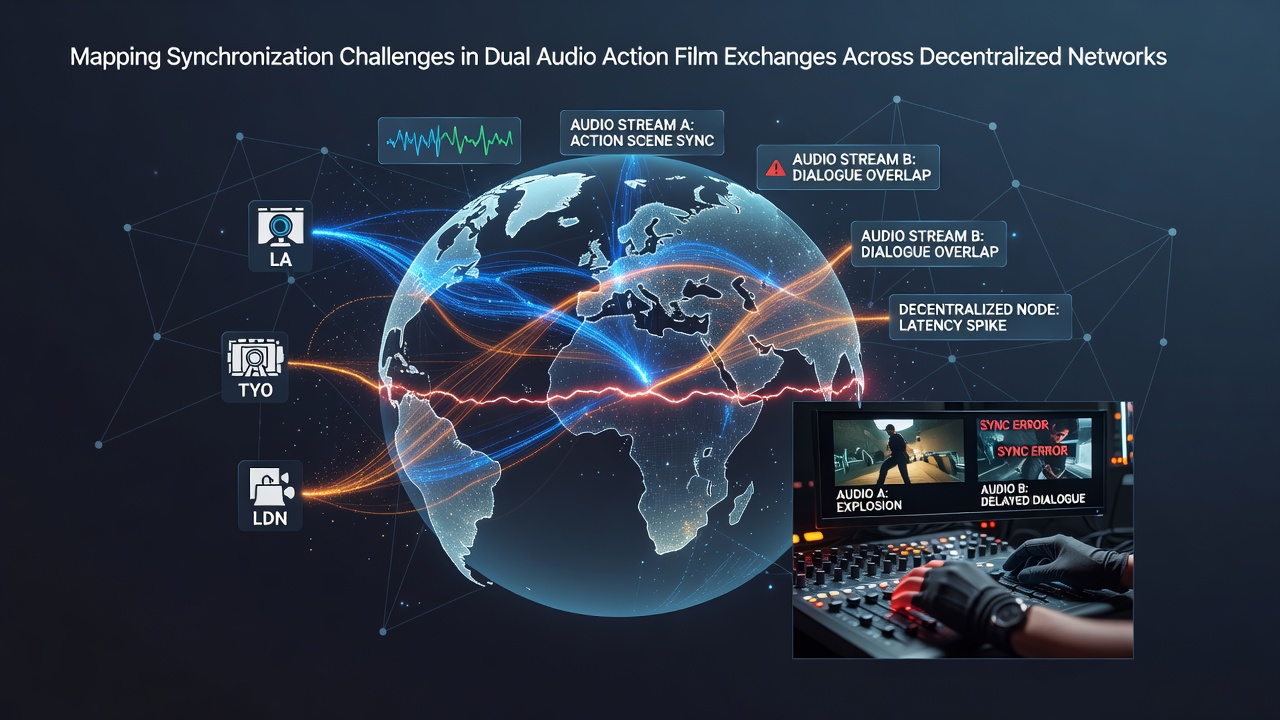 Visualization of latency patterns between global nodes affecting dual-language audio alignment