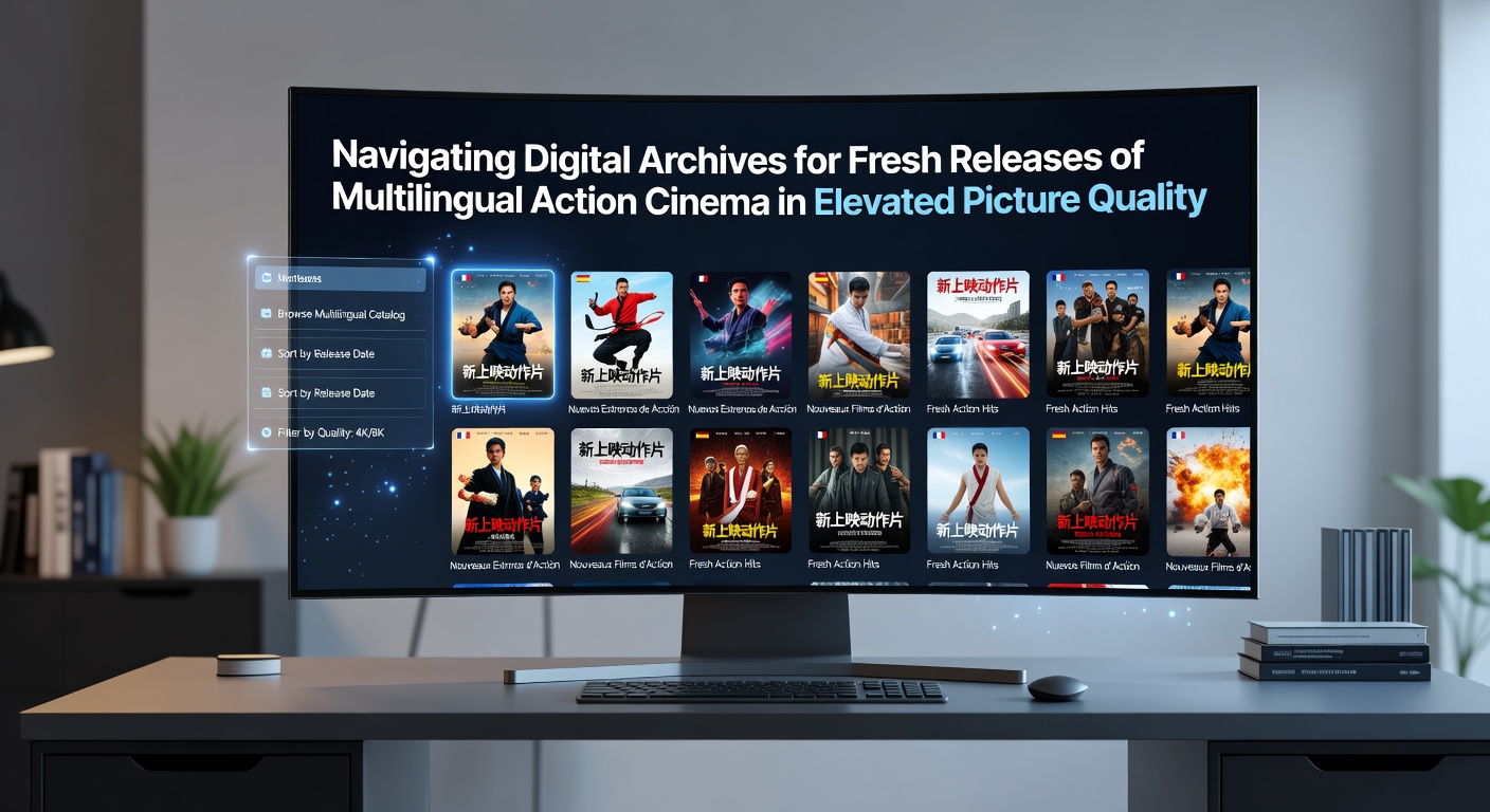 Digital archive interface displaying multilingual action cinema titles with high-resolution options