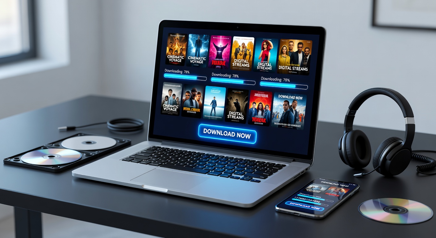 Digital interface showing movie download options on a laptop screen with thumbnails of films and progress bars