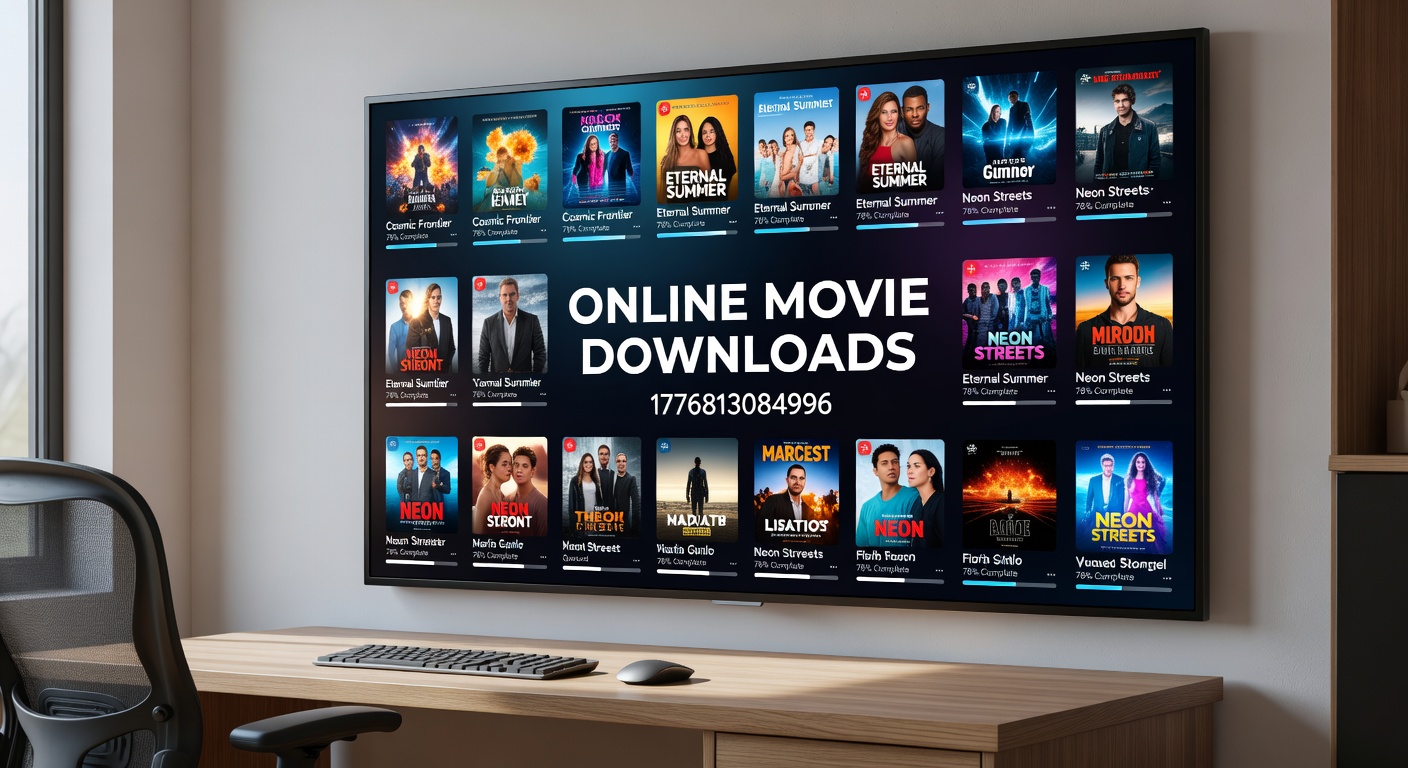 Smartphone displaying a downloaded movie library with high-definition posters and offline playback icons