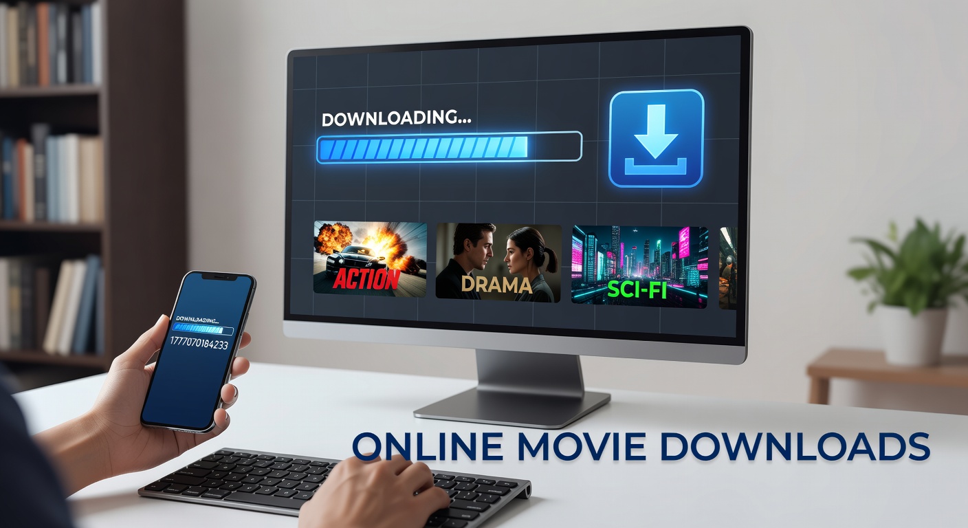 A modern digital interface showing movie thumbnails and download icons on a laptop screen, highlighting seamless access to films