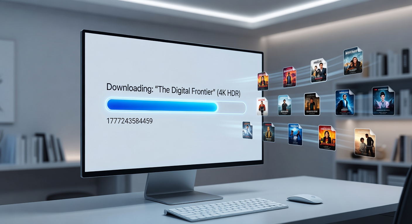 A modern digital interface displaying high-definition movie thumbnails with download progress bars, symbolizing seamless access to films on personal devices
