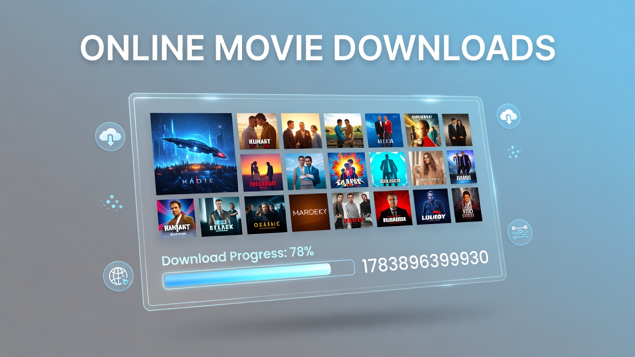 Illustration of digital film acquisition interfaces showing various platform dashboards and download options