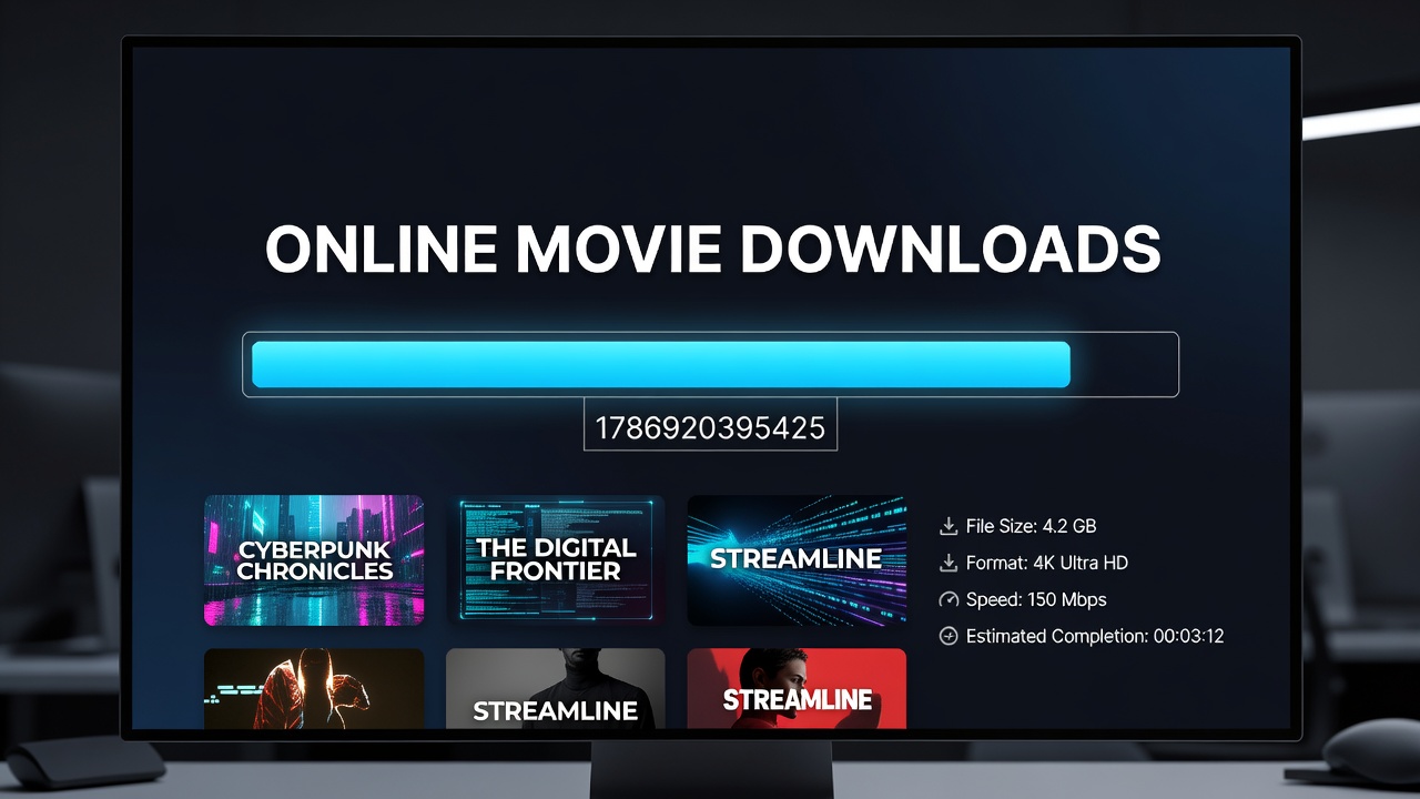 Secure digital download interface showing encryption and verification steps for movie files
