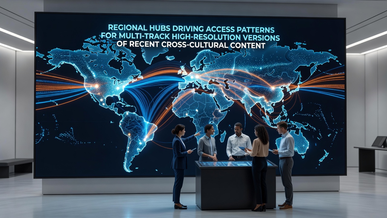 Illustration of secure server racks at a regional film distribution hub handling multi-track content