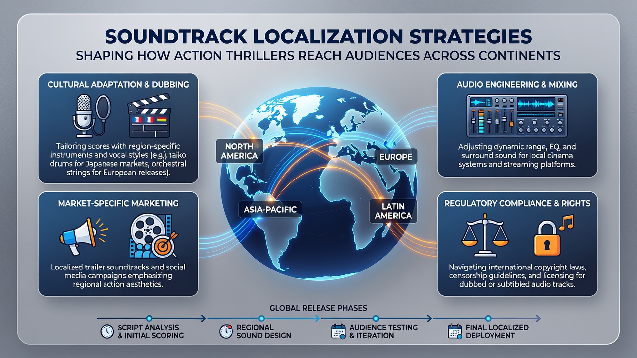 International film distribution meeting discussing audio localization for action thrillers across different continents
