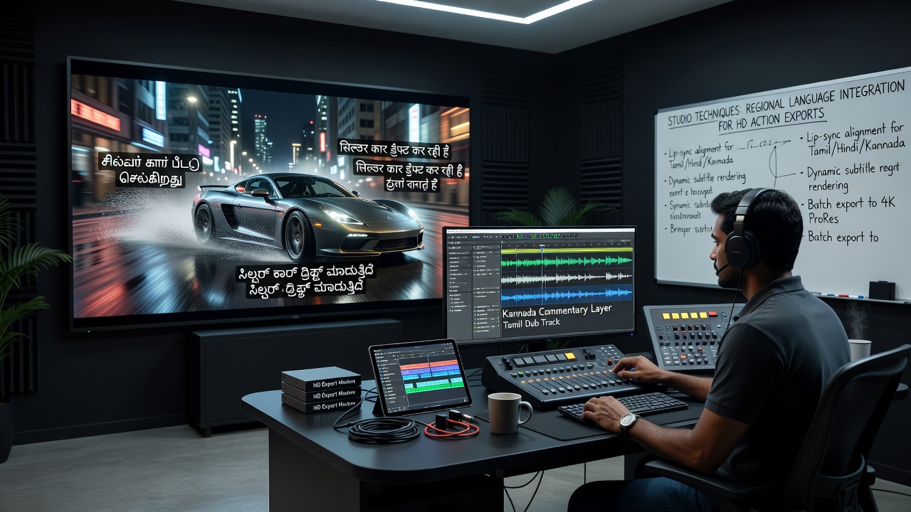 Technicians reviewing synchronized language tracks on a post-production timeline