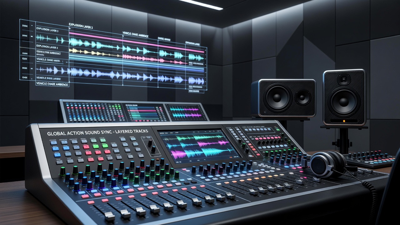 Studio engineers reviewing waveform alignments on mixing consoles during post-production for an international action film