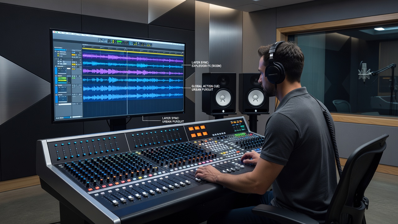 Detailed view of digital audio workstation displaying multiple synchronized tracks with timecode markers for an action sequence