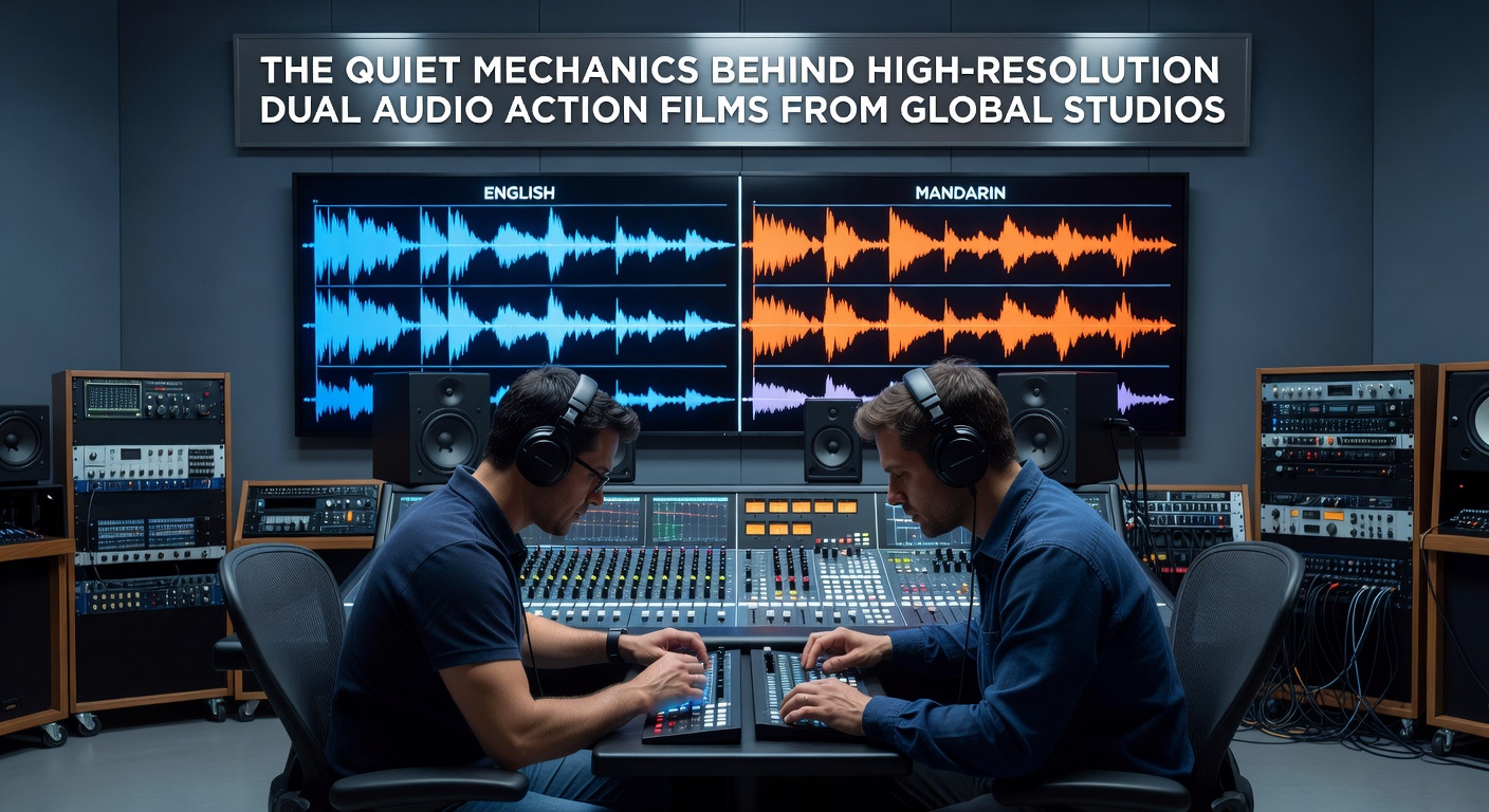 Studio engineers reviewing synchronized dual audio tracks for a high-resolution action sequence