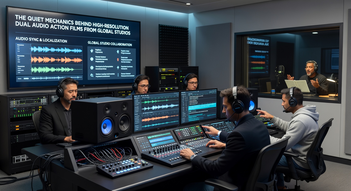 Technicians calibrating HDR monitors while testing dual language audio mixes in a post-production suite