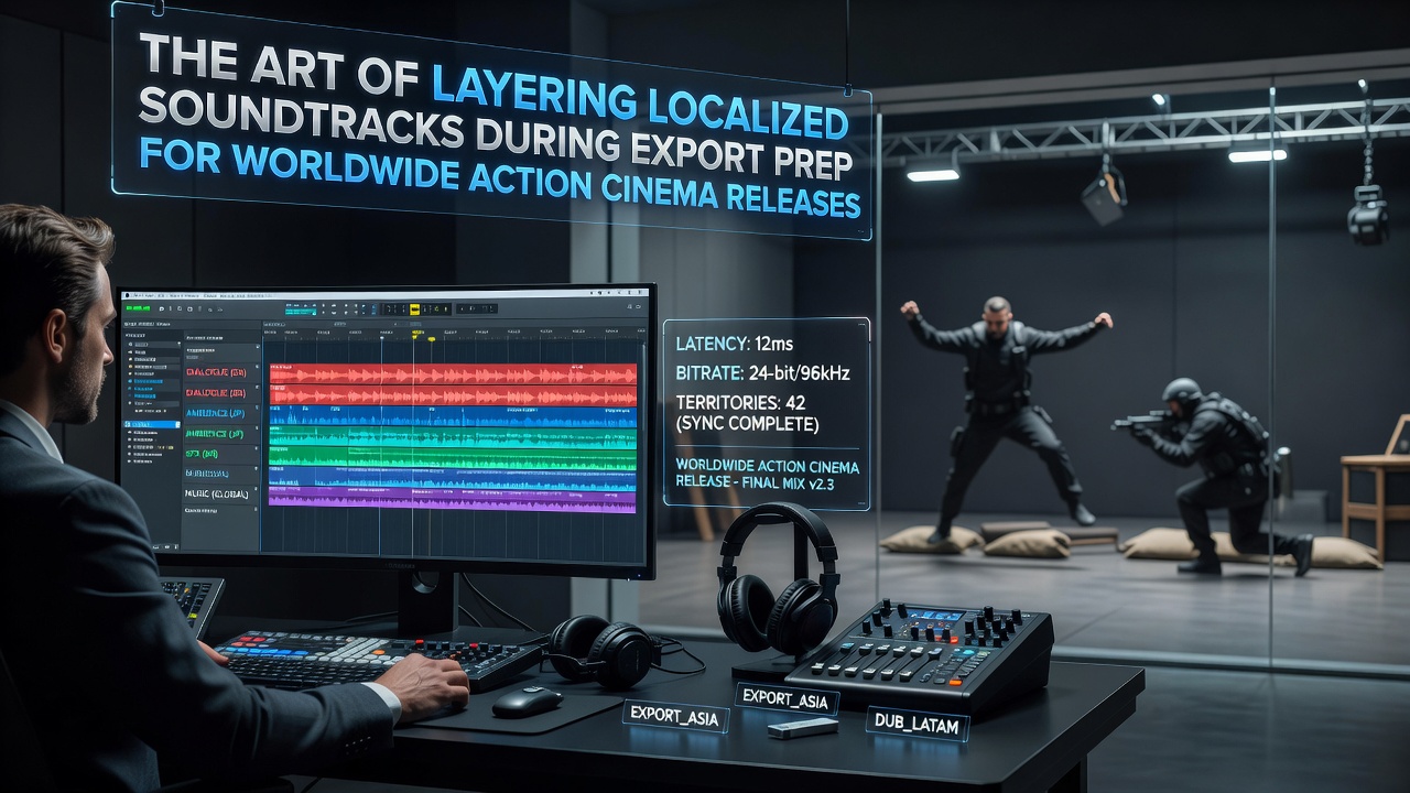 Studio engineers reviewing audio layers on a mixing console during export preparation for international action films