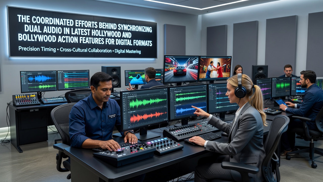 Audio engineers aligning dual language tracks during post-production for action films