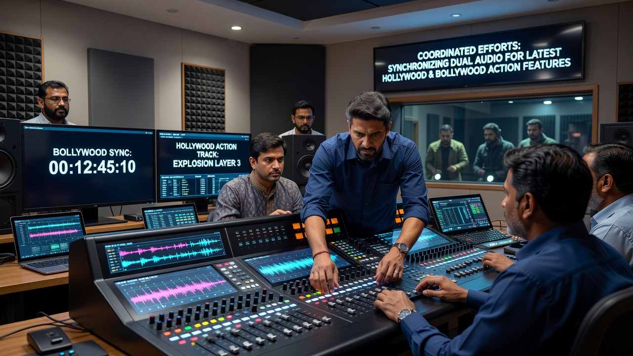 Post-production suite showing multi-track audio alignment for bilingual action sequences