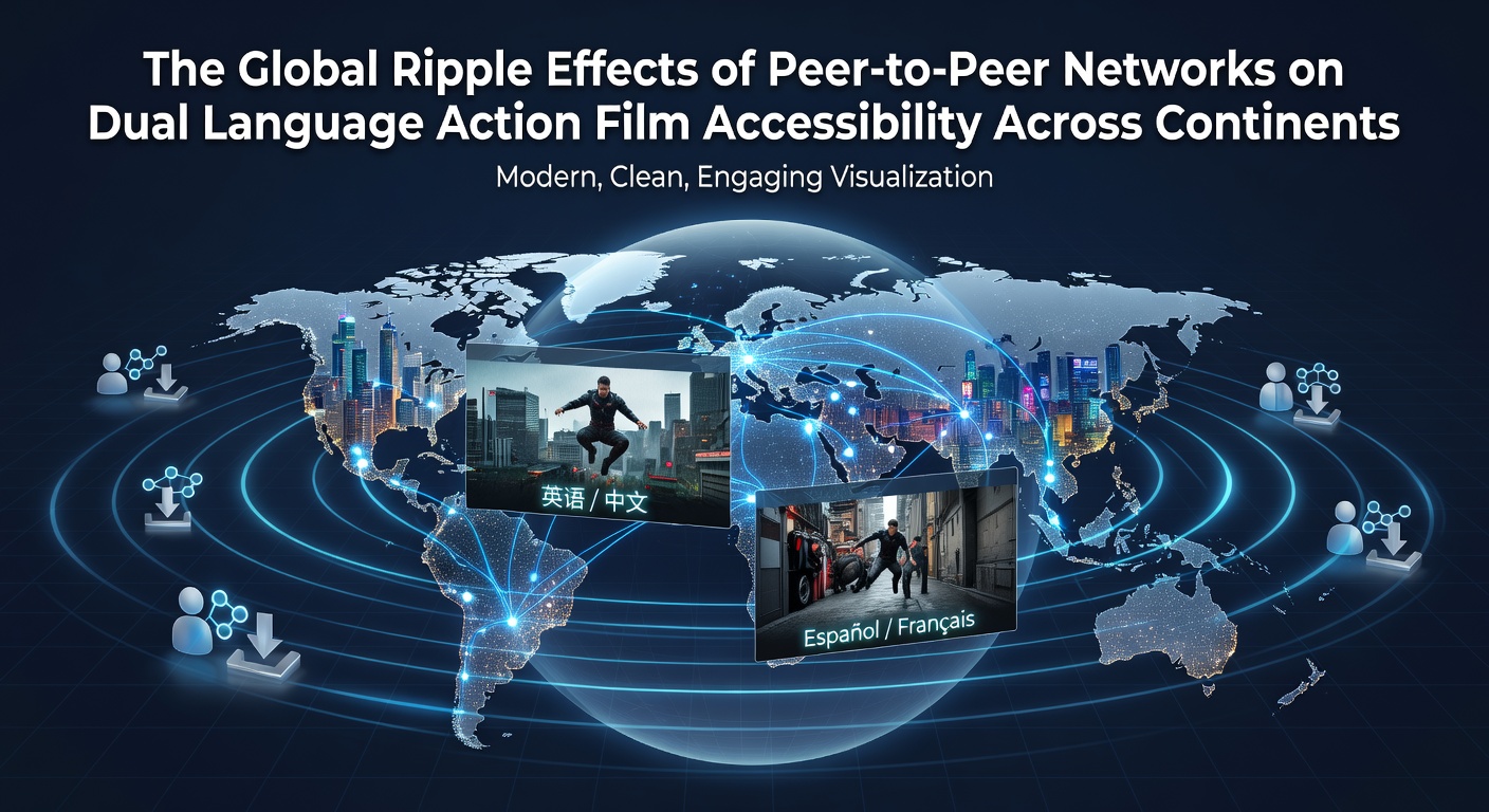 Global map illustrating peer-to-peer network connections linking film access across continents for dual language action titles