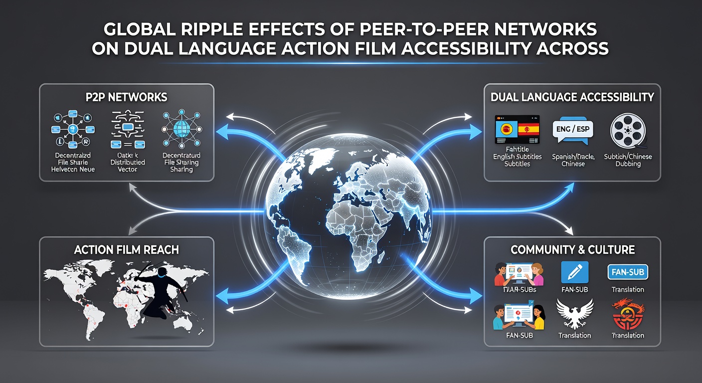 Illustration of interconnected devices sharing bilingual action film files across different continents via peer-to-peer protocols