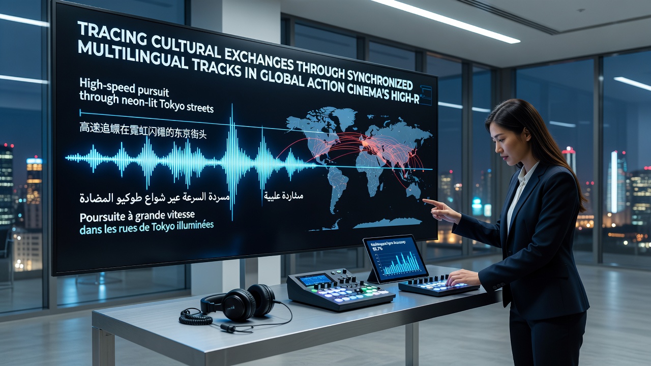 Behind-the-scenes view of audio engineers aligning multilingual tracks for an international action film release