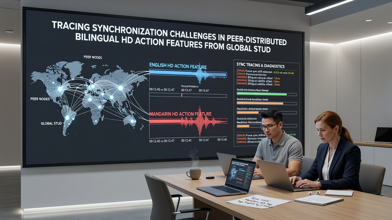 Technical workflow chart showing audio synchronization steps for peer-distributed bilingual HD films